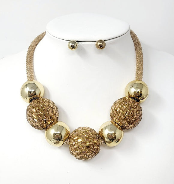GOLD BALL NECKLACE SET BROWN STONES ( 10700 GBR )
