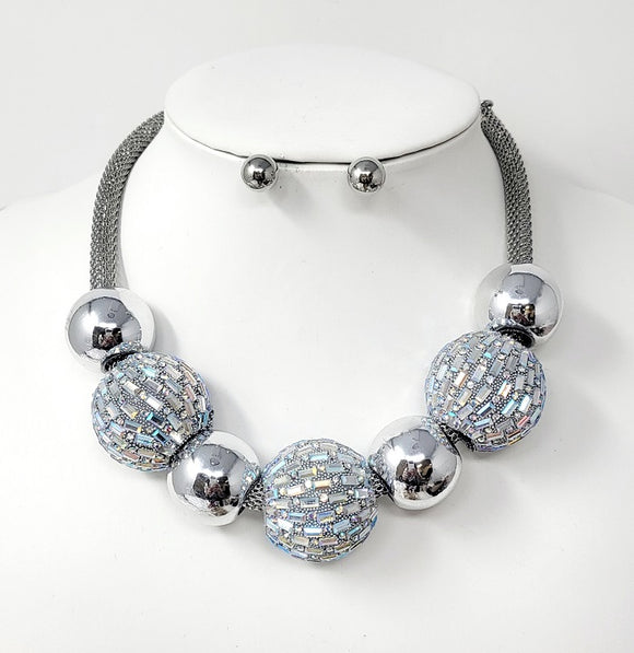 SILVER BALL NECKLACE SET AB STONES ( 10700 RAB )