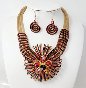 GOLD RED METAL SWIRL COIL DESIGN NECKLACE SET ( 10701 GRD )