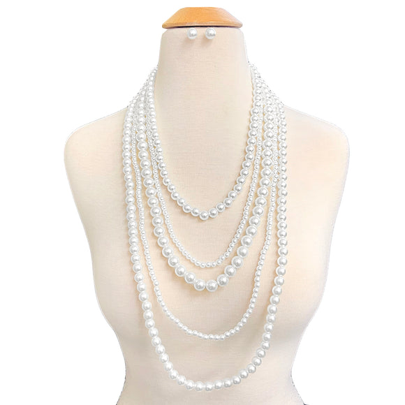 LONG SILVER WHITE PEARL NECKLACE SET ( 10712 RWH )