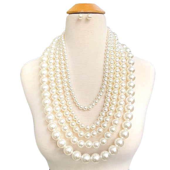 GOLD CREAM PEARL NECKLACE SET 5 LAYER ( 10714 GCR )