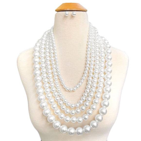 SILVER WHITE PEARL NECKLACE SET 5 LAYER ( 10714 RWH )
