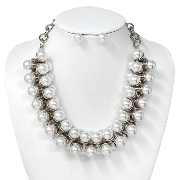 SILVER NECKLACE SET WHITE PEARLS ( 10723 RWH )