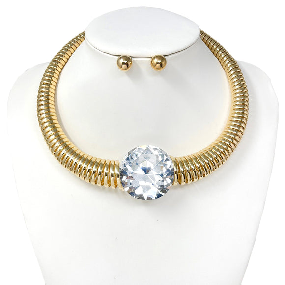 GOLD CHOKER NECKLACE SET CLEAR STONE ( 10729 GCL )