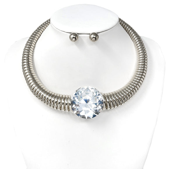 SILVER CHOKER NECKLACE SET CLEAR STONE ( 10729 RCL )