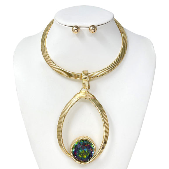 GOLD CHOKER NECKLACE SET LARGE GREEN AB STONE ( 10732 GGT )