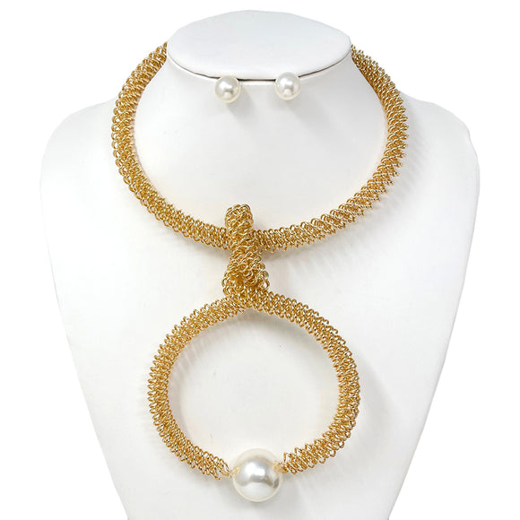 GOLD METAL CHOKER NECKLACE SET PEARLS ( 10738 GCR )