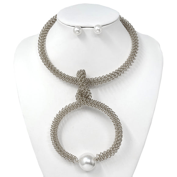 SILVER METAL CHOKER NECKLACE SET PEARLS ( 10738 RWH )