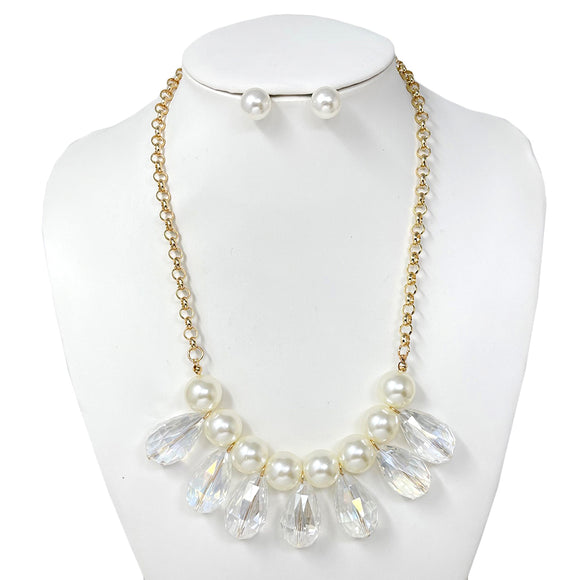 GOLD NECKLACE SET AB STONES CREAM PEARLS ( 10749 GAB )