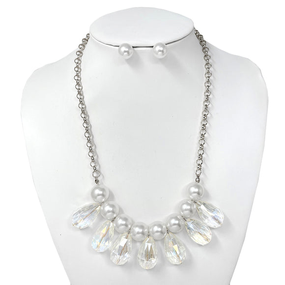 SILVER NECKLACE SET AB STONES CREAM PEARLS ( 10749 RAB )