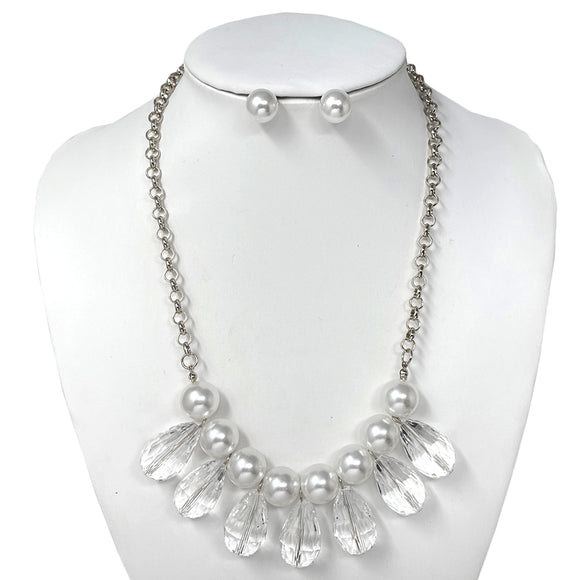 SILVER NECKLACE SET WHITE PEARLS CLEAR STONES ( 10749 RCL )