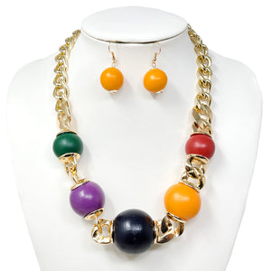 DARK MULTI COLOR WOOD GOLD NECKLACE SET ( 10764 DMT )