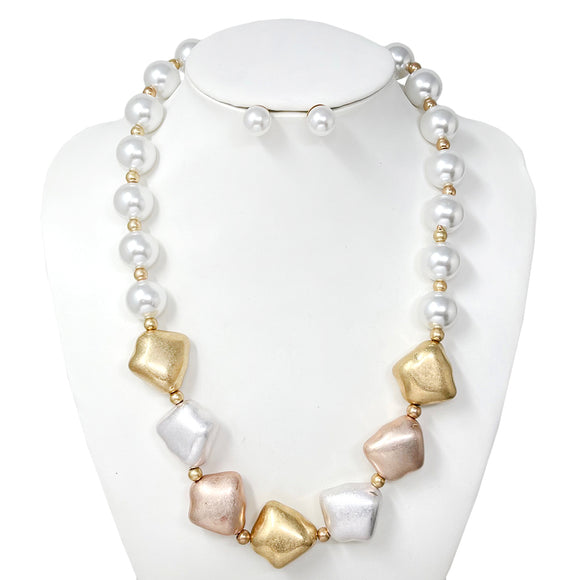 MATTE GOLD MULTI COLOR PEARL NECKLACE SET ( 10781 MGT )