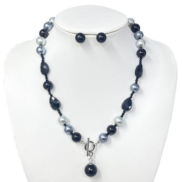 SILVER BLACK PEARL NECKLACE SET ( 10832 RBK )