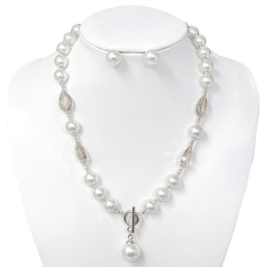 SILVER WHITE PEARL NECKLACE SET ( 10832 RWH )