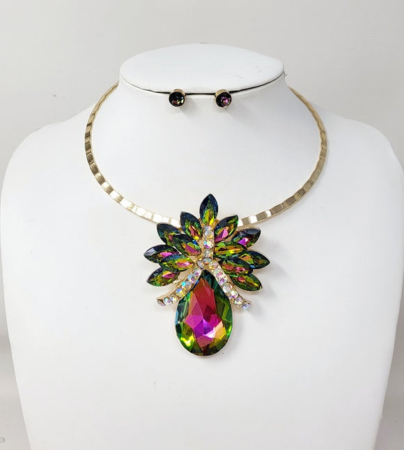 GOLD NECKLACE CHOKER SET VITRAIL OIL SPILL STONES ( 10873 GGT )