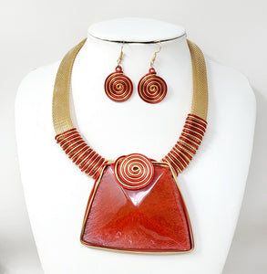 METAL SPIRAL LARGE PENDANT NECKLACE SET RED ( 10883 GRD )