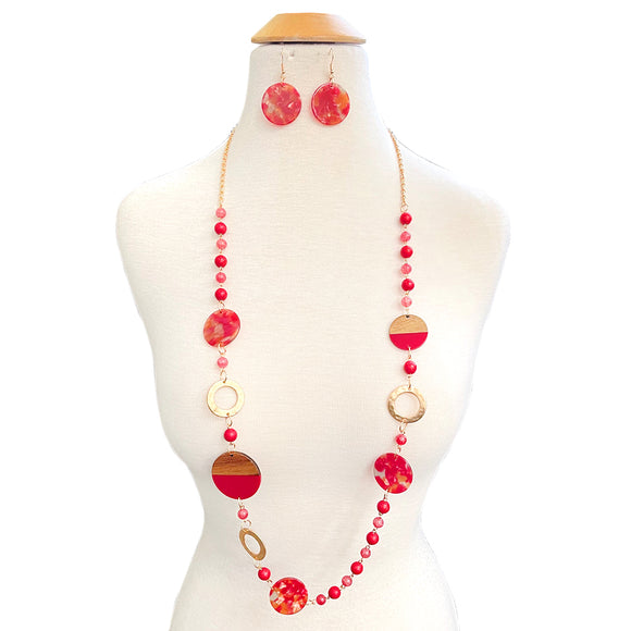 LONG NECKLACE SET WOOD ACRYLIC BEADS ( 10912 GRD )