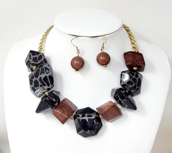 BROWN CHUNKY LEOPARD PRINT STATEMENT NECKLACE ( 10928 BR )