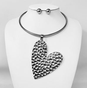 HEART CHOKER NECKLACE SET SILVER ( 10963 R )