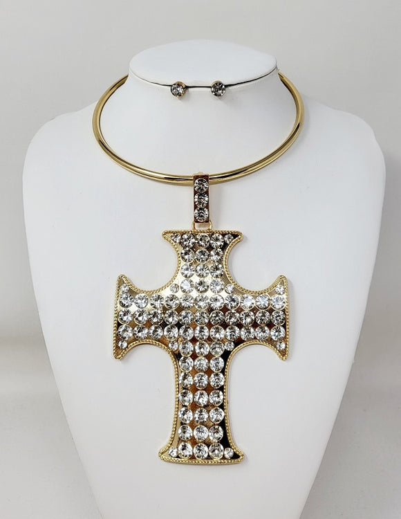 GOLD CROSS CHOKER NECKLACE SET ( 11028 GCL )