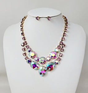 GOLD AB PINK LARGE STONE NECKLACE SET ( 11043 GPK )