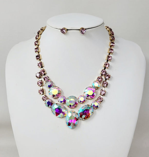 GOLD AB PINK LARGE STONE NECKLACE SET ( 11043 GPK )
