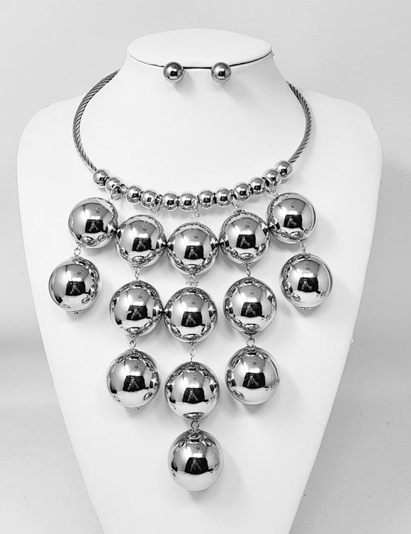 SILVER CHOKER BALL NECKLACE SET ( 11054 R )