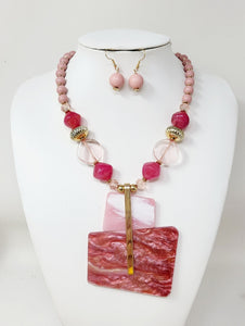 GOLD PINK STONE PEARL NECKLACE SET ( 11078 GPK )