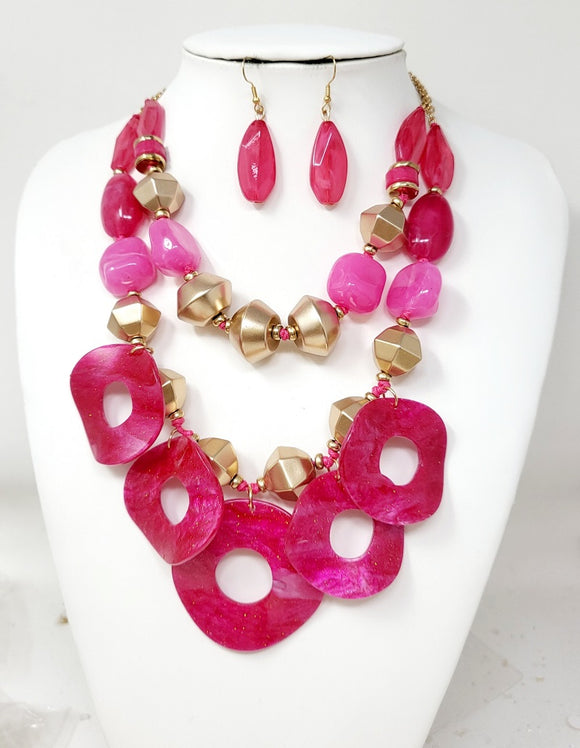 GOLD FUCHSIA ACRYLIC NECKLACE SET ( 11079 GFU )