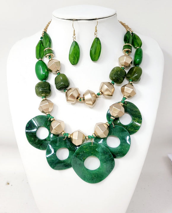 GOLD GREEN ACRYLIC NECKLACE SET ( 11079 GGR )