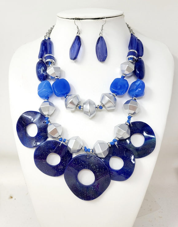 SILVER ROYAL BLUE ACRYLIC NECKLACE SET ( 11079 RRB )