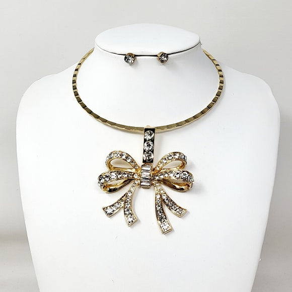 CHOKER NECKLACE SET CLEAR STONES BOW ( 11151 GCL )