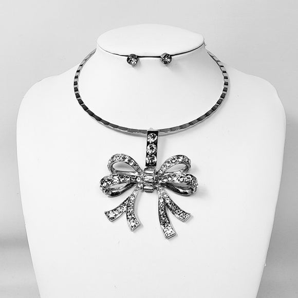 CHOKER NECKLACE SET CLEAR STONES BOW ( 11151 RCL )