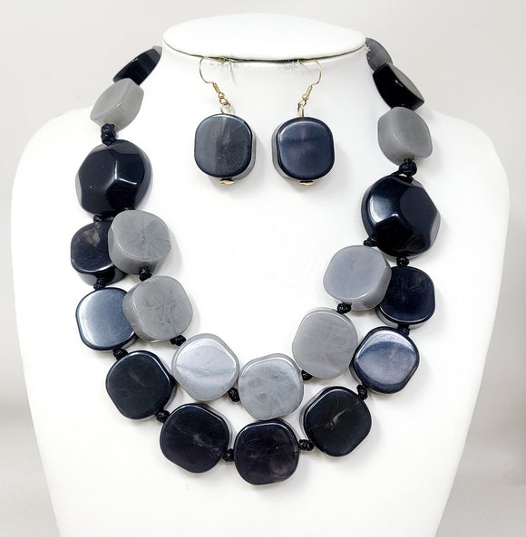 BLACK CHUNKY PEBBLE RESIN NECKLACE SET ( 11167 GBK )