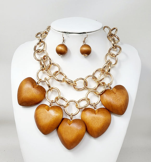 GOLD WOOD HEART NECKLACE ( 11189 GBR )