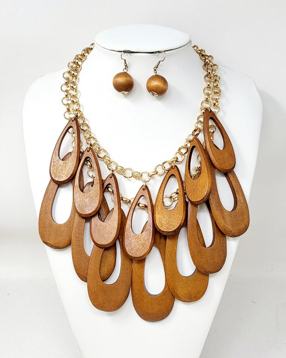 BROWN WOOD NECKLACE SET ( 11190 GBR )