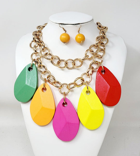 GOLD MULTICOLOR WOOD NECKLACE SET ( 11191 LMT )