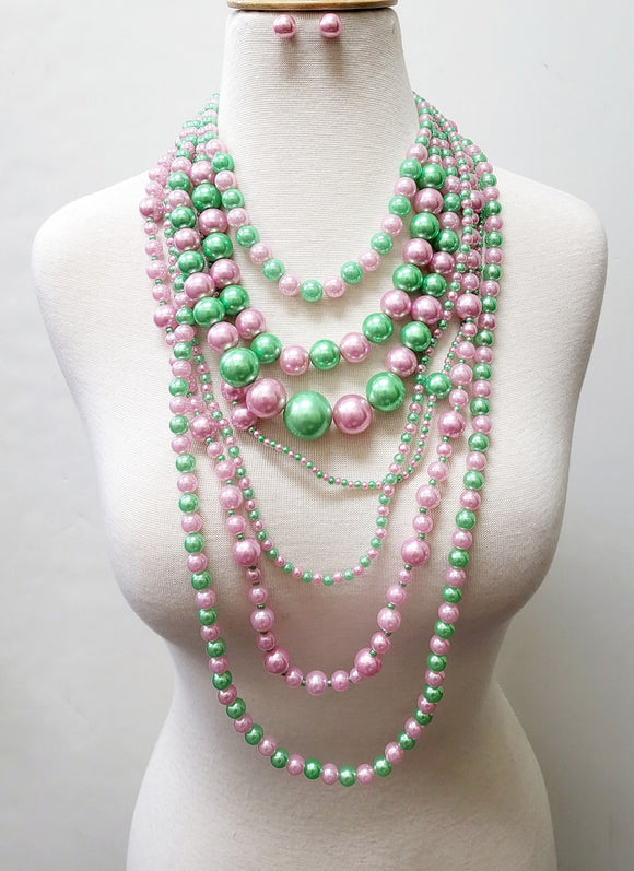 PINK GREEN PEARL NECKLACE SET ( 11196 PKLM )