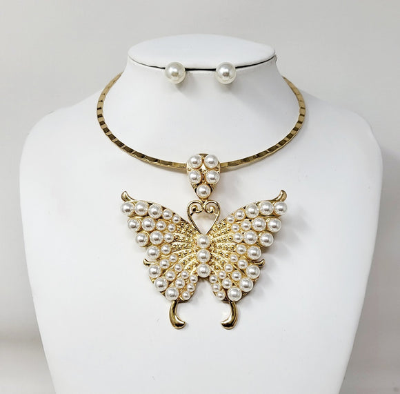 GOLD BUTTERFLY CHOKER NECKLACE SET PEARLS ( 11198 GCR )