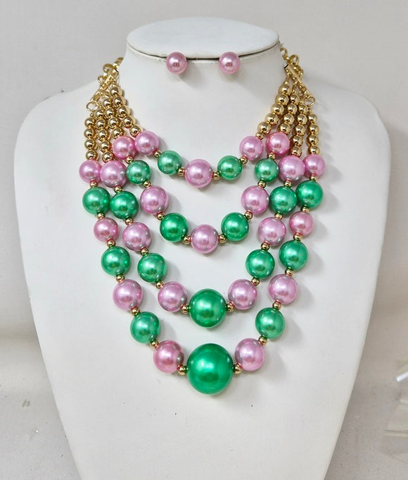 PINK GREEN PEARL NECKLACE SET ( 11223 PKLM )