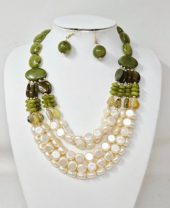CREAM OLIVE GREEN NECKLACE SET ( 11245 GOV )