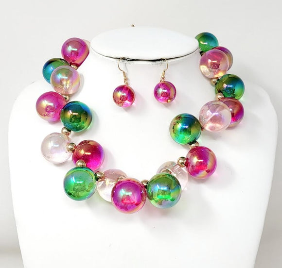 BALL NECKLACE SET PINK GREEN ( 20060 PKGR )
