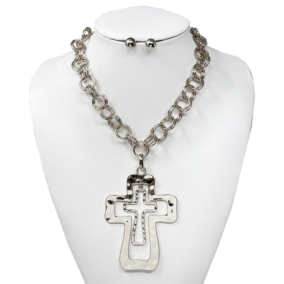 LARGE SILVER CROSS NECKLACE SET ( 30048 R )