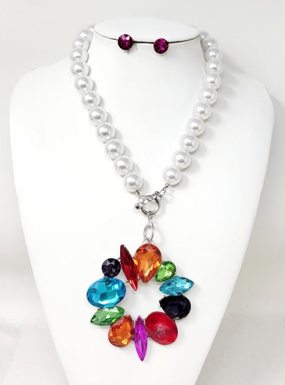 PEARL MULTICOLOR SPILL STONE NECKLACE SET ( 30094 RMT )