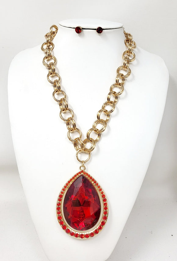 GOLD RED STONE NECKLACE SET ( 30134 GRD )