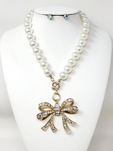 GOLD PEARL NECKLACE SET BOW AB STONES ( 30140 GAB )