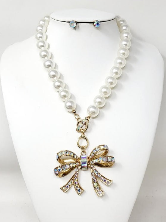GOLD PEARL NECKLACE SET BOW AB STONES ( 30140 GAB )