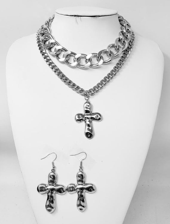 SILVER CROSS NECKLACE SET ( 30151 R )