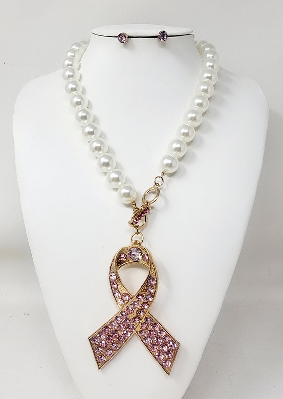 GOLD PINK RIBBON NECKLACE SET ( 31046 GPK )